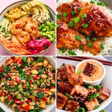 Collage of four high-protein meals, including a shrimp bowl, glazed chicken with rice, a vegetable stir-fry, and crispy tofu with dipping sauce.