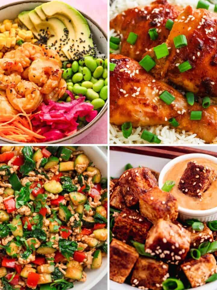 Collage of four high-protein meals, including a shrimp bowl, glazed chicken with rice, a vegetable stir-fry, and crispy tofu with dipping sauce.