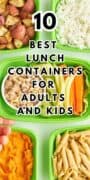 Four colorful compartment lunch containers filled with meals including roasted potatoes, rice, chicken salad with fresh vegetables, mashed sweet potatoes, and pasta, showcasing lunch ideas for adults and kids.