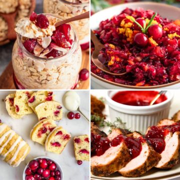 Collage of cranberry recipes, including cranberry overnight oats, cranberry relish, cranberry mini loafs, and pork tenderloin with cranberry sauce.