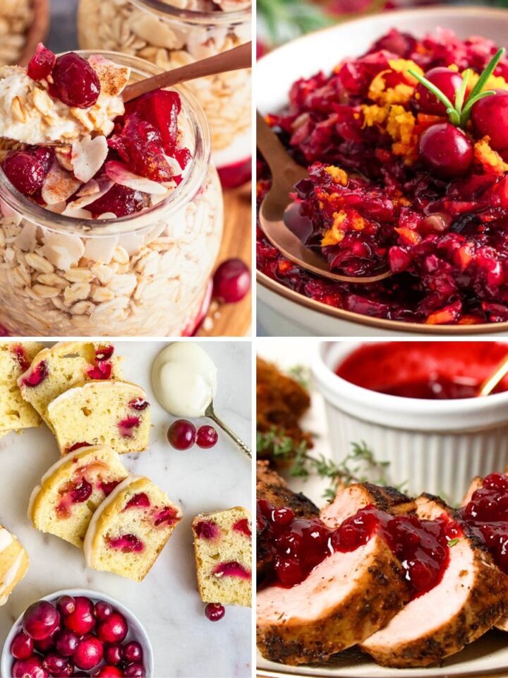 Collage of cranberry recipes, including cranberry overnight oats, cranberry relish, cranberry mini loafs, and pork tenderloin with cranberry sauce.