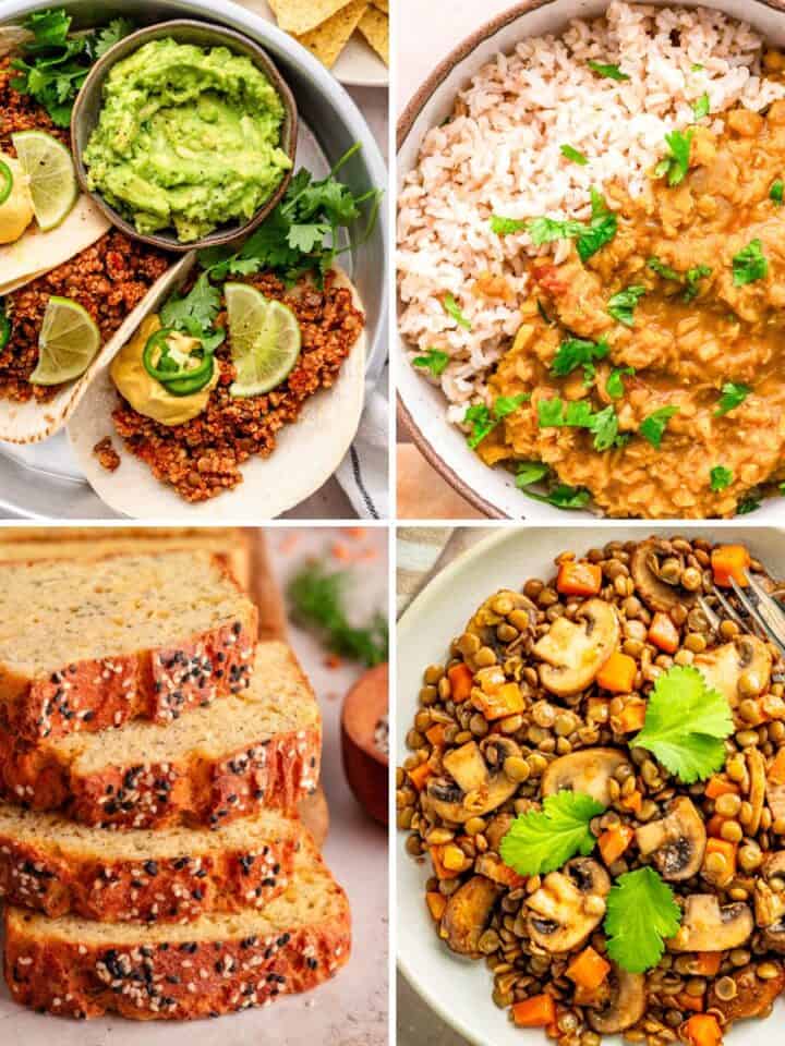 Collage of four lentil recipes including tacos, lentil dhal, lentil loaf, and lentils with mushrooms and vegetables.