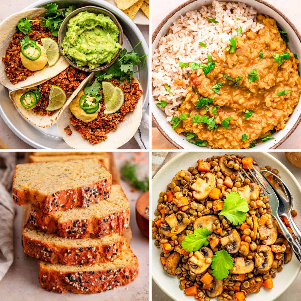 Collage of four lentil recipes including tacos, lentil dhal, lentil loaf, and lentils with mushrooms and vegetables.