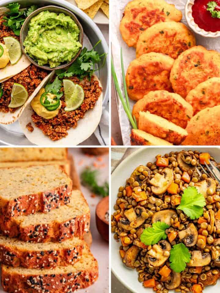 Collage of four lentil recipes including tacos, lentil patties, lentil loaf, and lentils with mushrooms and vegetables.