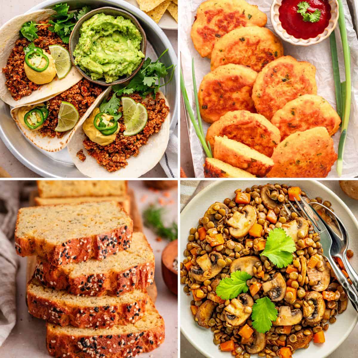 Collage of four lentil recipes including tacos, lentil patties, lentil loaf, and lentils with mushrooms and vegetables.
