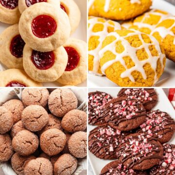 Collage of Christmas cookies featuring jam thumbprint cookies, iced cookies, cinnamon sugar cookies, and chocolate peppermint cookies.