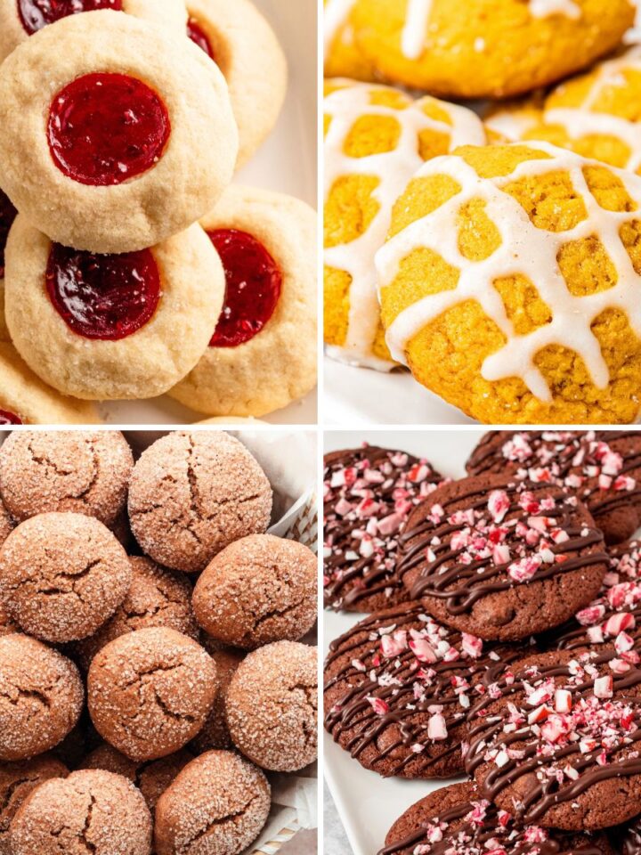 Collage of Christmas cookies featuring jam thumbprint cookies, iced cookies, cinnamon sugar cookies, and chocolate peppermint cookies.