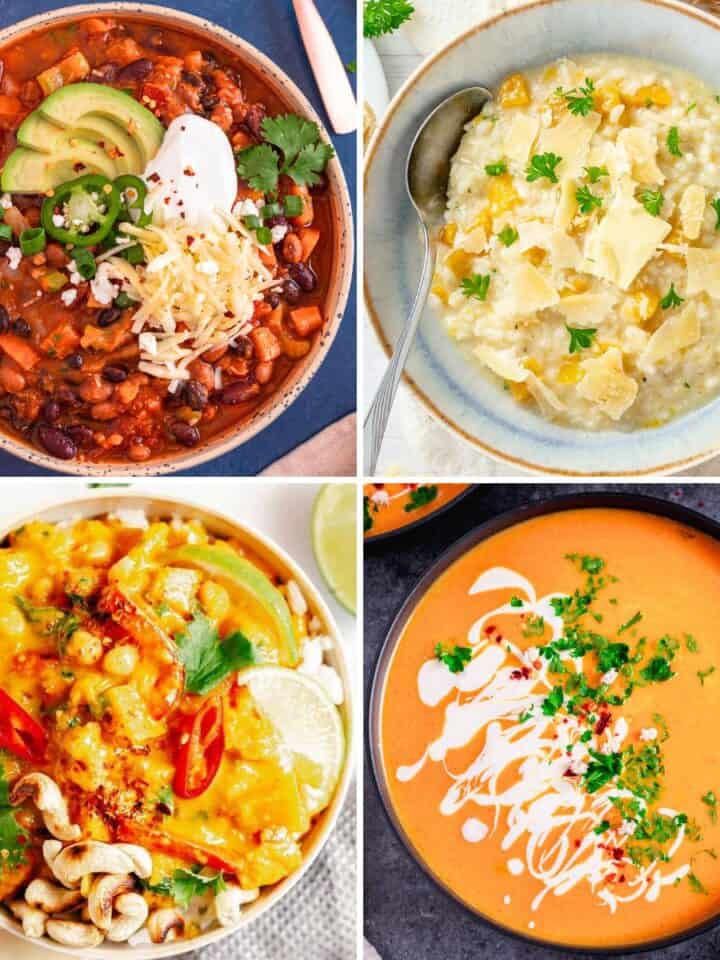 Collage of four savory pumpkin dishes, including soups, chili, and a pumpkin-based bowl.