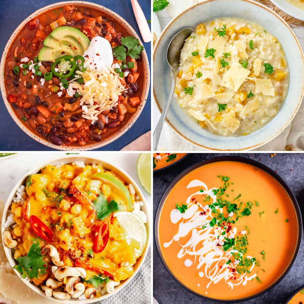 Collage of four savory pumpkin dishes, including soups, chili, and a pumpkin-based bowl.