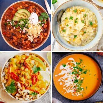 Collage of four savory pumpkin dishes, including soups, chili, and a pumpkin-based bowl.