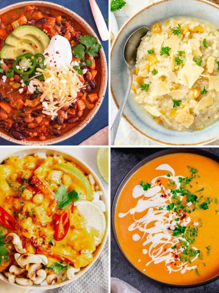 Collage of four savory pumpkin dishes, including soups, chili, and a pumpkin-based bowl.