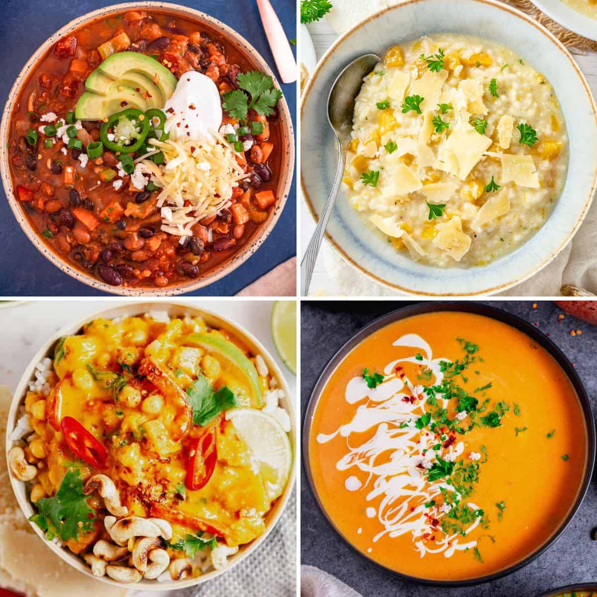 Collage of four savory pumpkin dishes, including soups, chili, and a pumpkin-based bowl.