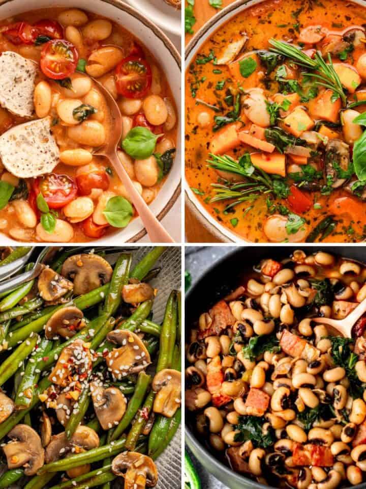 Collage of four vegan bean dishes with vegetables, herbs, mushrooms, and tomato-based sauces.