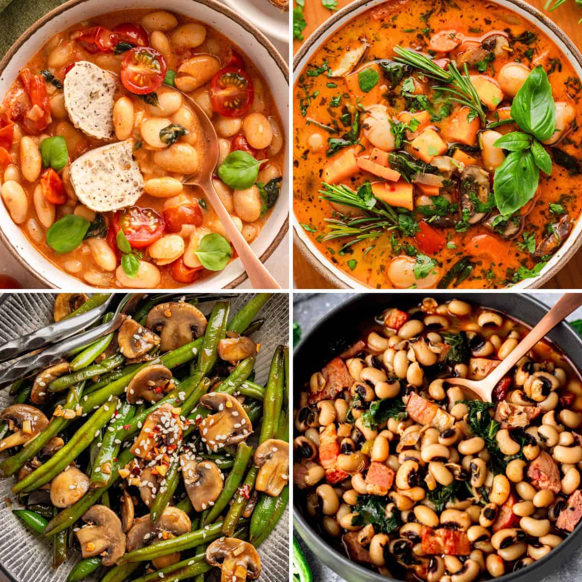 Collage of four vegan bean dishes with vegetables, herbs, mushrooms, and tomato-based sauces.