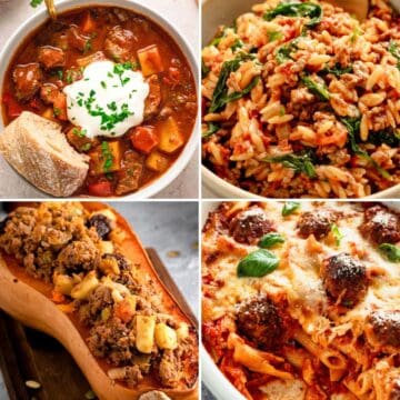 Collage of four ground beef dinner recipes, including goulash, beef and rice, stuffed squash, and baked meatball pasta.