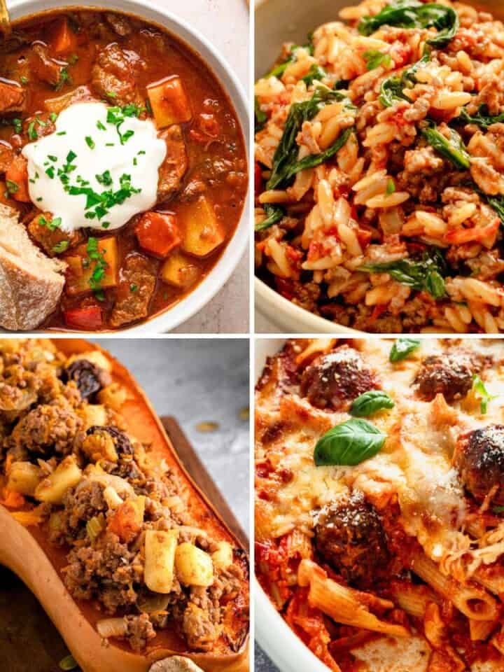 Collage of four ground beef dinner recipes, including goulash, beef and rice, stuffed squash, and baked meatball pasta.