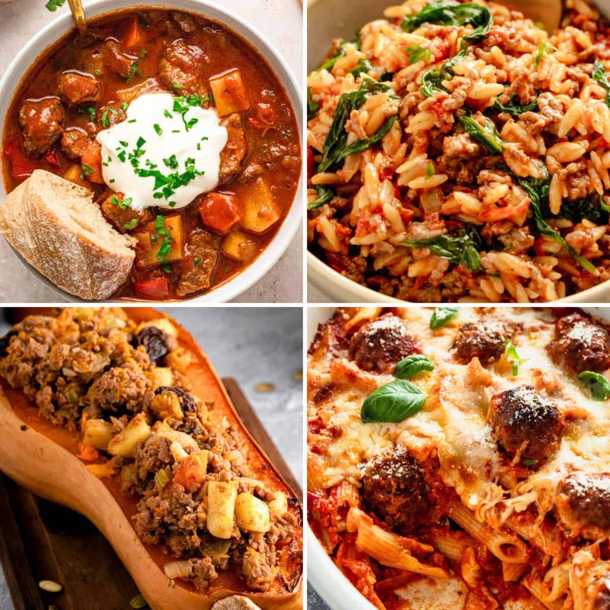 Collage of four ground beef dinner recipes, including goulash, beef and rice, stuffed squash, and baked meatball pasta.