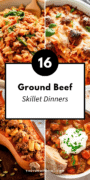 Pinterest pin featuring four ground beef meals with the text “16 Ground Beef Skillet Dinners.”