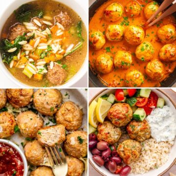Collage of four meatball recipes, featuring meatball soup, meatballs in creamy tomato sauce, golden baked meatballs, and Greek turkey meatballs served with rice, vegetables, and tzatziki.