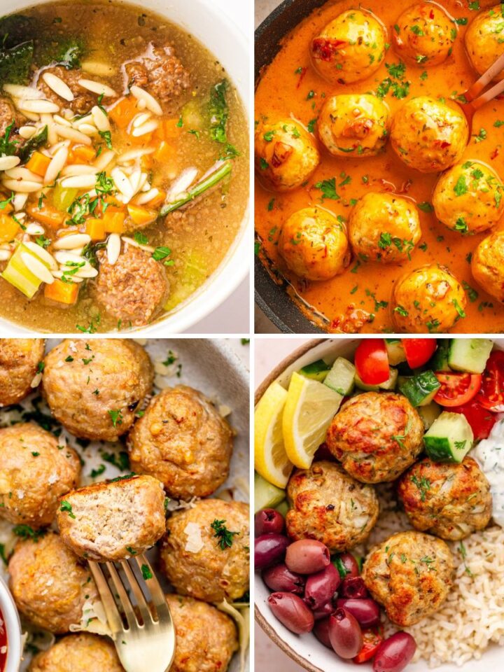 Collage of four meatball recipes, featuring meatball soup, meatballs in creamy tomato sauce, golden baked meatballs, and Greek turkey meatballs served with rice, vegetables, and tzatziki.