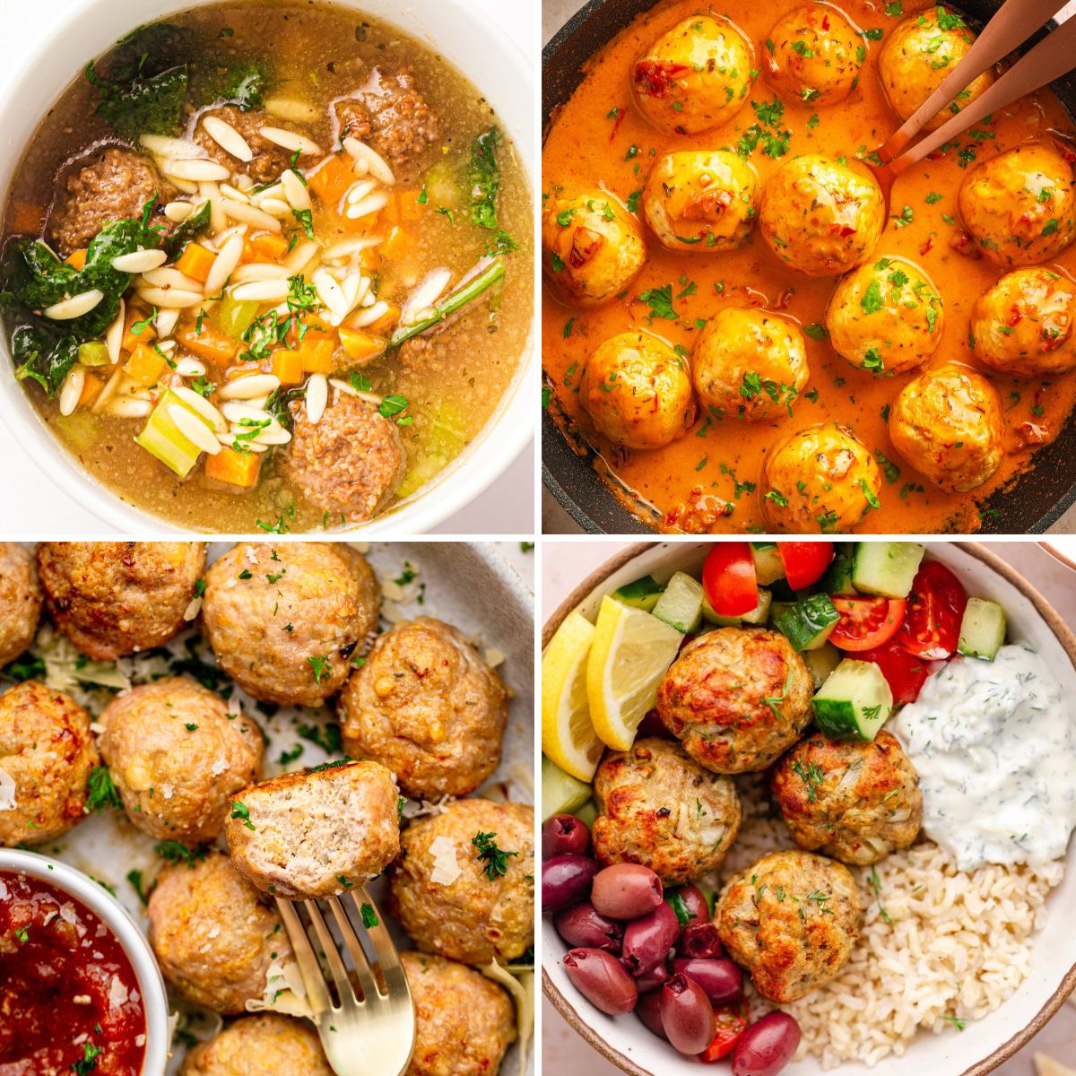 Collage of four meatball recipes, featuring meatball soup, meatballs in creamy tomato sauce, golden baked meatballs, and Greek turkey meatballs served with rice, vegetables, and tzatziki.