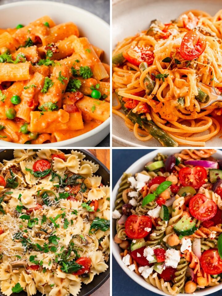Collage of four pasta dishes featuring creamy tomato rigatoni, spaghetti with cherry tomatoes, bowtie pasta with herbs, and Mediterranean pasta salad with chickpeas, feta, and fresh vegetables.