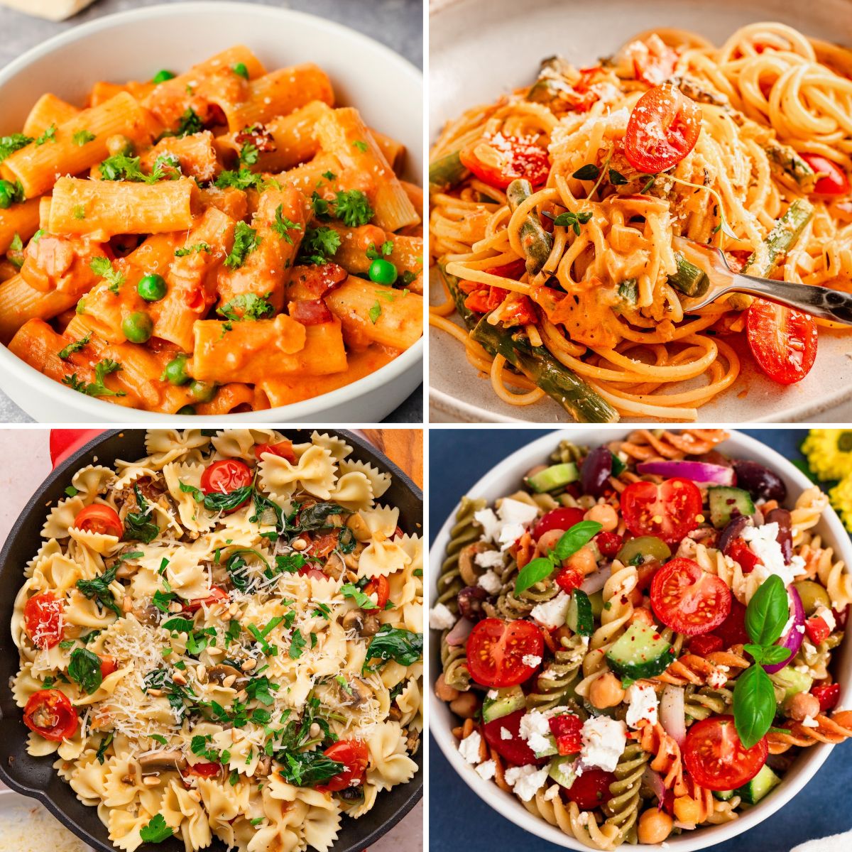 Collage of four pasta dishes featuring creamy tomato rigatoni, spaghetti with cherry tomatoes, bowtie pasta with herbs, and Mediterranean pasta salad with chickpeas, feta, and fresh vegetables.