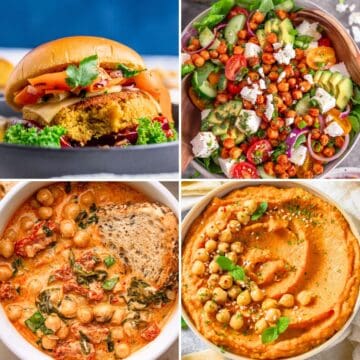 Collage of four chickpea recipes including a chickpea burger, chickpea salad, creamy chickpea curry, and hummus.