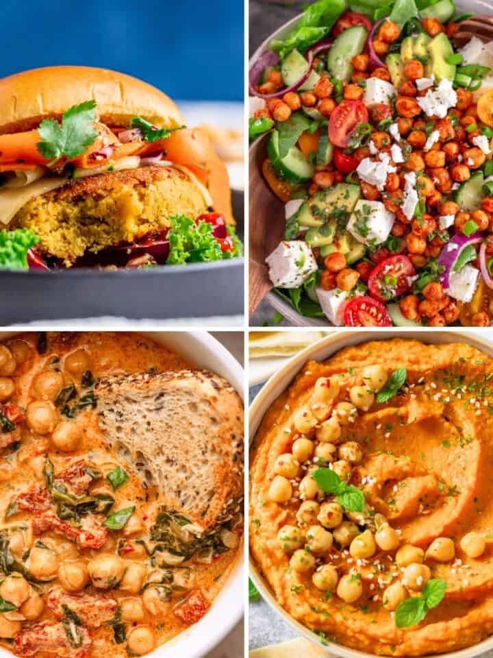 Collage of four chickpea recipes including a chickpea burger, chickpea salad, creamy chickpea curry, and hummus.