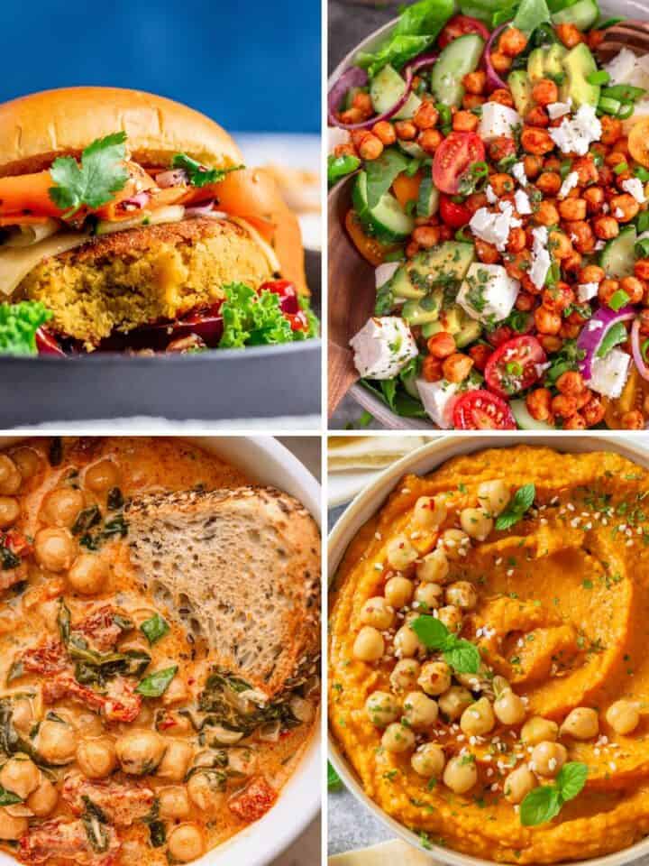 Collage of four chickpea recipes including a chickpea burger, chickpea salad, creamy chickpea curry, and hummus.