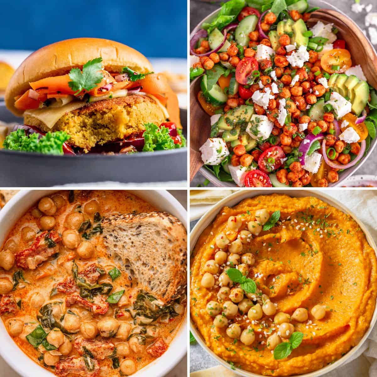 Collage of four chickpea recipes including a chickpea burger, chickpea salad, creamy chickpea curry, and hummus.