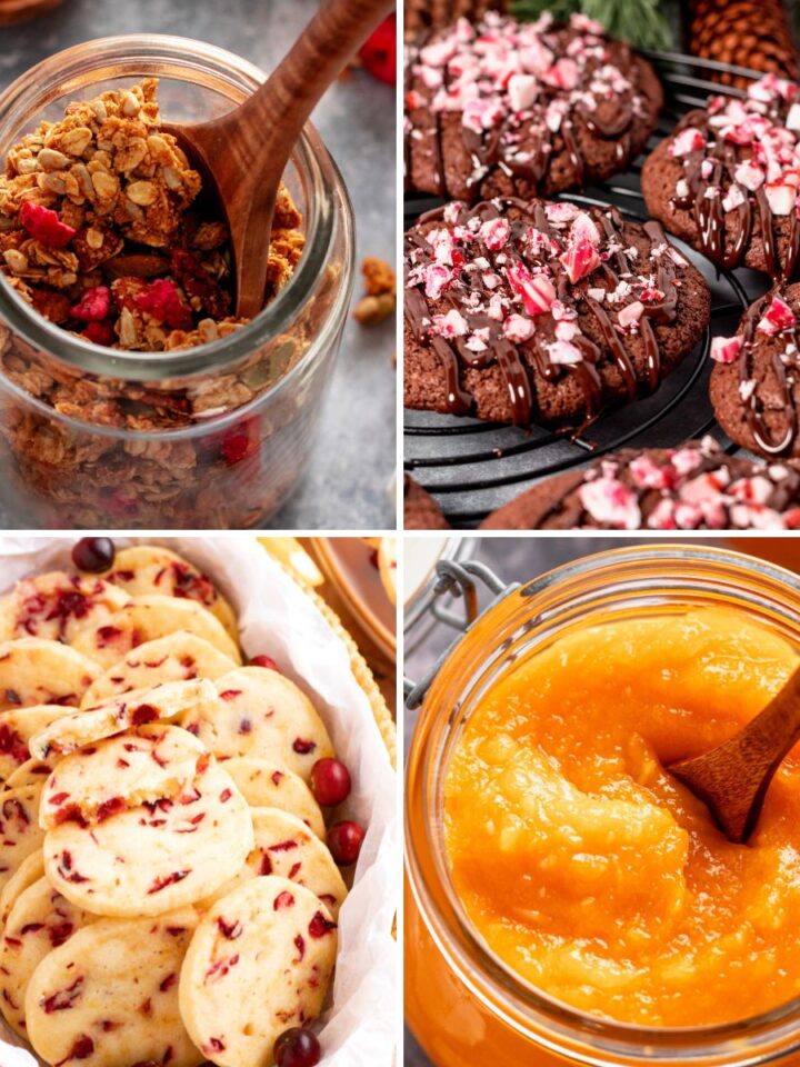 A collage of four sweet recipes featuring homemade granola with berries, chocolate peppermint cookies, cranberry cookies with icing, and homemade orange jam in a glass jar.