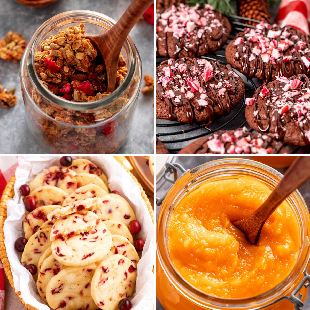 A collage of four sweet recipes featuring homemade granola with berries, chocolate peppermint cookies, cranberry cookies with icing, and homemade orange jam in a glass jar.