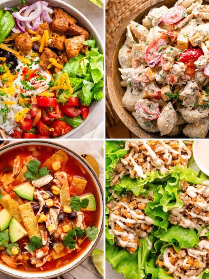Collage of four leftover turkey meals, including a burrito bowl, creamy pasta salad, tortilla soup, and a fresh salad.