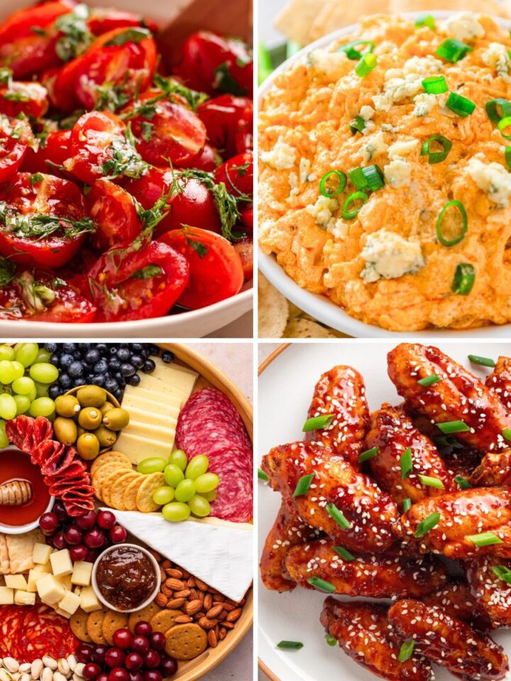 Collage of New Year's Eve party foods featuring seasoned cherry tomatoes, buffalo chicken dip, a charcuterie board with cheese and fruit, and glazed chicken wings.