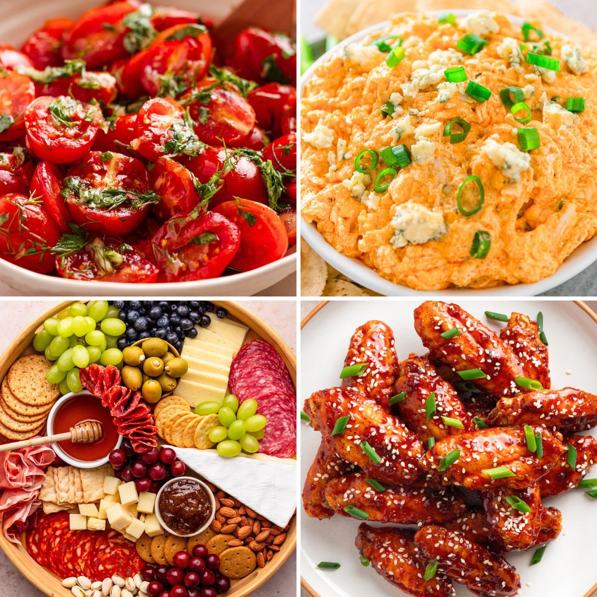 Collage of New Year's Eve party foods featuring seasoned cherry tomatoes, buffalo chicken dip, a charcuterie board with cheese and fruit, and glazed chicken wings.