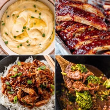 Collage of four fall slow cooker dishes, including mashed potatoes, barbecue ribs, pulled chicken with rice, and beef with broccoli.