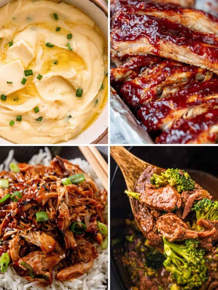 Collage of four fall slow cooker dishes, including mashed potatoes, barbecue ribs, pulled chicken with rice, and beef with broccoli.