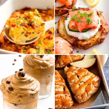 Collage of Christmas brunch recipes featuring a cheesy breakfast casserole, smoked salmon toast, whipped coffee, and glazed pastries.
