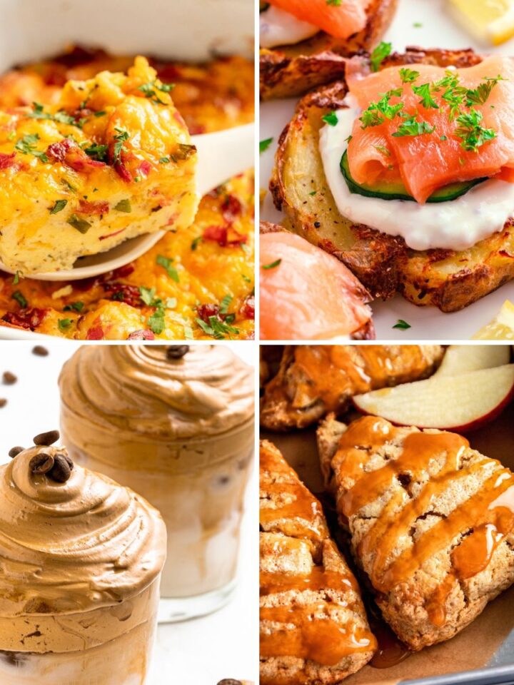 Collage of Christmas brunch recipes featuring a cheesy breakfast casserole, smoked salmon toast, whipped coffee, and glazed pastries.