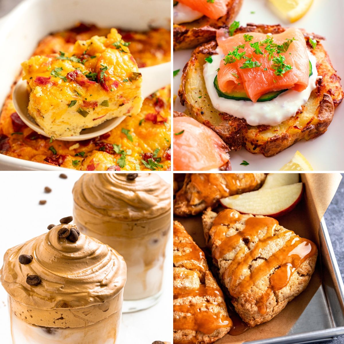 Collage of Christmas brunch recipes featuring a cheesy breakfast casserole, smoked salmon toast, whipped coffee, and glazed pastries.