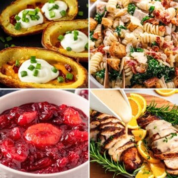 Collage of four make-ahead Thanksgiving dishes, including loaded potato skins, chicken Caesar pasta salad, cranberry sauce, and sliced turkey with gravy.