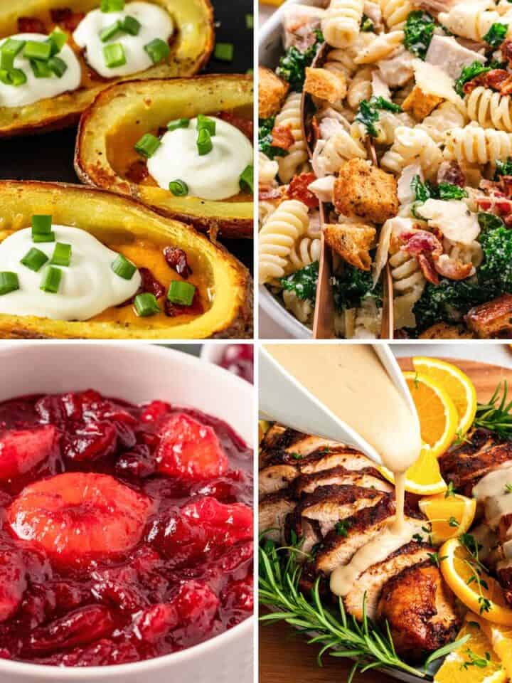 Collage of four make-ahead Thanksgiving dishes, including loaded potato skins, chicken Caesar pasta salad, cranberry sauce, and sliced turkey with gravy.