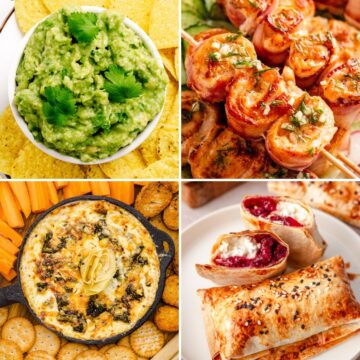Collage of party appetizers, including guacamole, bacon-wrapped bites, creamy dip, and cranberry-filled pastries.