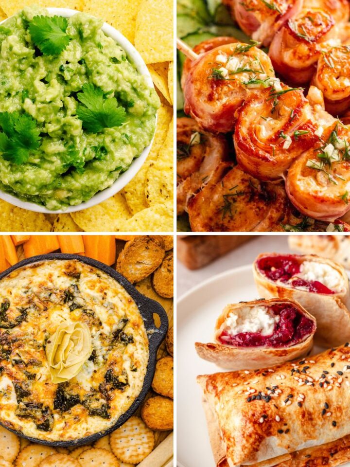 Collage of party appetizers, including guacamole, bacon-wrapped bites, creamy dip, and cranberry-filled pastries.