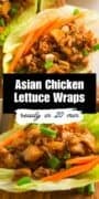 Asian chicken lettuce wraps with carrots and green onions on butter lettuce leaves.