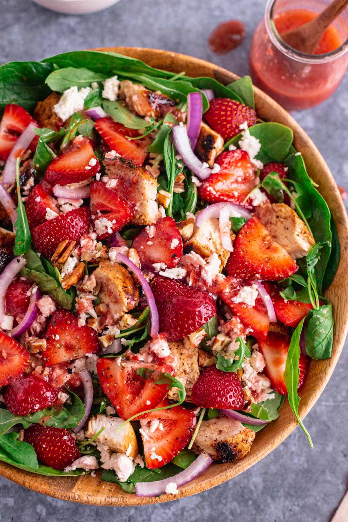 Chicken Salad With Strawberries in a wooden bowl