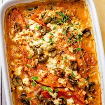 Bacon Pumpkin Bake with olives, feta and thyme in coconut sauce