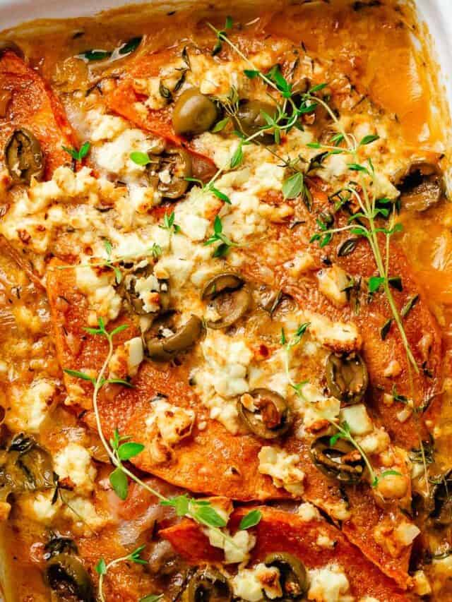 Bacon Pumpkin Bake with olives, feta and thyme in coconut sauce