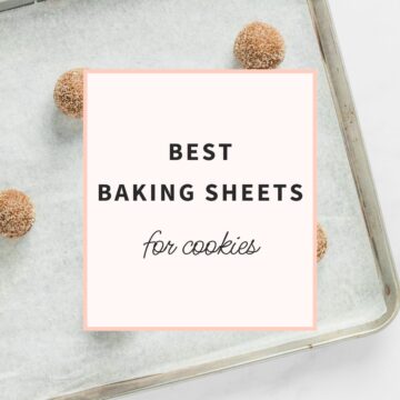 Pinterest pin featuring the best baking sheets for cookies, with cookie dough balls arranged on a parchment-lined metal baking sheet.